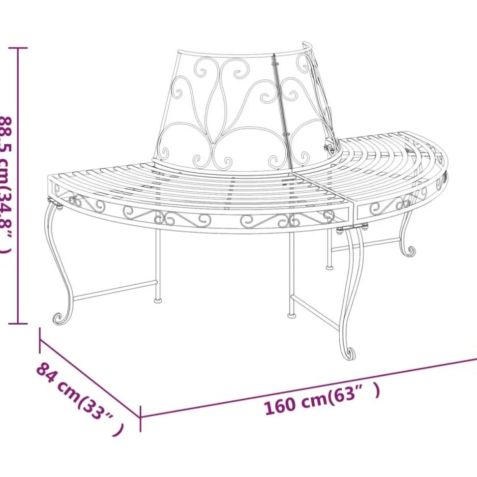 Puolipyöreä puunympäryspenkki 2 kpl Ø 160 cm musta teräs
