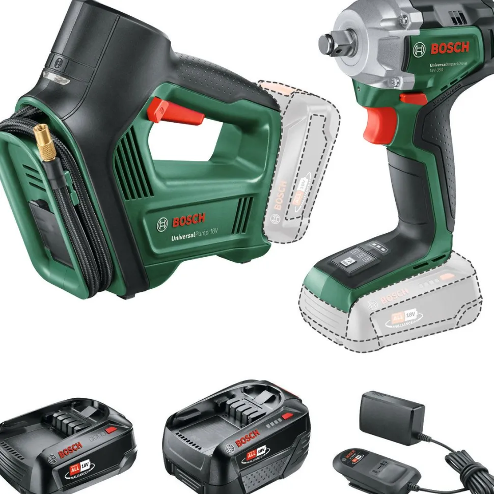 Renkaanvaihtosarja Bosch DIY iskumutterinväännin + paineilmapumppu 18V 2,0+4,0 Ah akuilla