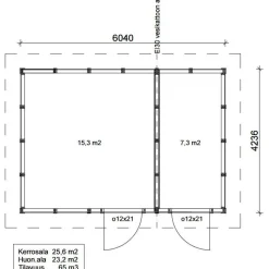 Roskakatos Timburg RK25V, 6040x4236mm, 25.6m², puuvalmis