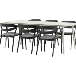 Ruokailuryhmä ulos Venture Home, beige Lina-pöytä 200x90cm + 6 mustaa Slit-tuolia