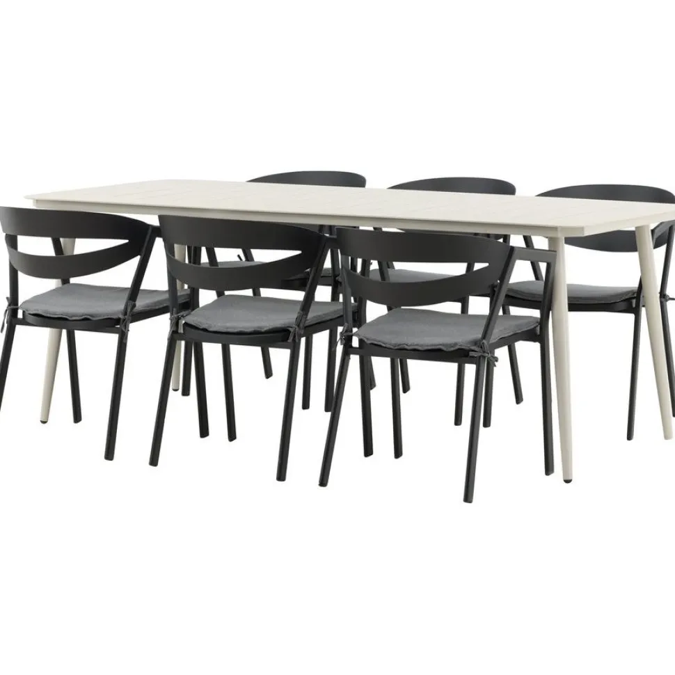 Ruokailuryhmä ulos Venture Home, beige Lina-pöytä 200x90cm + 6 mustaa Slit-tuolia