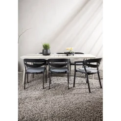 Ruokailuryhmä ulos Venture Home, beige Lina-pöytä 200x90cm + 6 mustaa Slit-tuolia