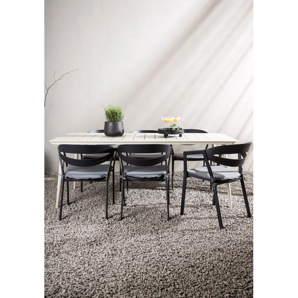 Ruokailuryhmä ulos Venture Home, beige Lina-pöytä 200x90cm + 6 mustaa Slit-tuolia