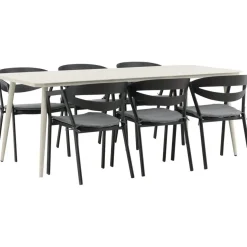 Ruokailuryhmä ulos Venture Home, beige Lina-pöytä 200x90cm + 6 mustaa Slit-tuolia