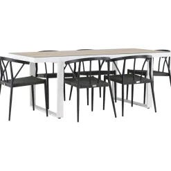 Ruokailuryhmä Venture Home, 200x90cm, beige/valkoinen Merlo-pöytä + 6 mustaa Stina-tuolia