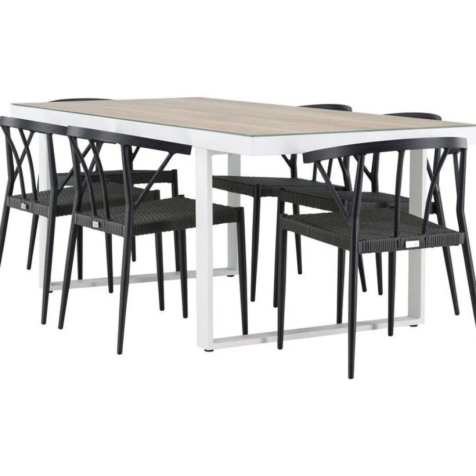 Ruokailuryhmä Venture Home, 200x90cm, beige/valkoinen Merlo-pöytä + 6 mustaa Stina-tuolia