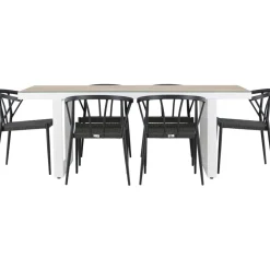 Ruokailuryhmä Venture Home, 200x90cm, beige/valkoinen Merlo-pöytä + 6 mustaa Stina-tuolia