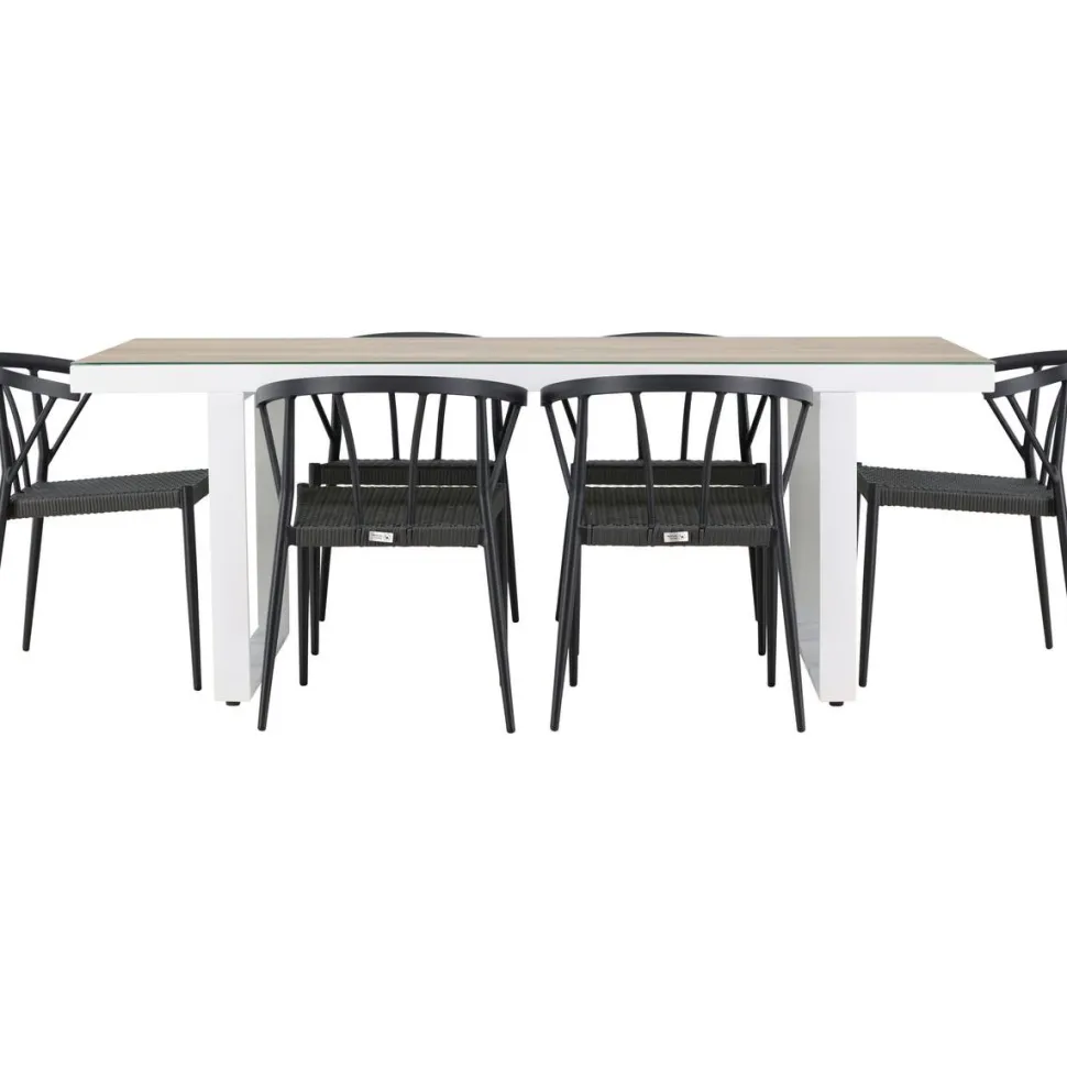 Ruokailuryhmä Venture Home, 200x90cm, beige/valkoinen Merlo-pöytä + 6 mustaa Stina-tuolia