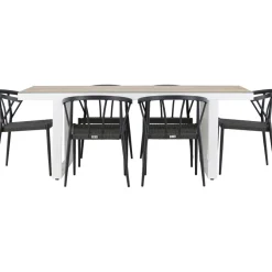 Ruokailuryhmä Venture Home, 200x90cm, beige/valkoinen Merlo-pöytä + 6 mustaa Stina-tuolia