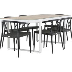 Ruokailuryhmä Venture Home, 200x90cm, beige/valkoinen Merlo-pöytä + 6 mustaa Stina-tuolia
