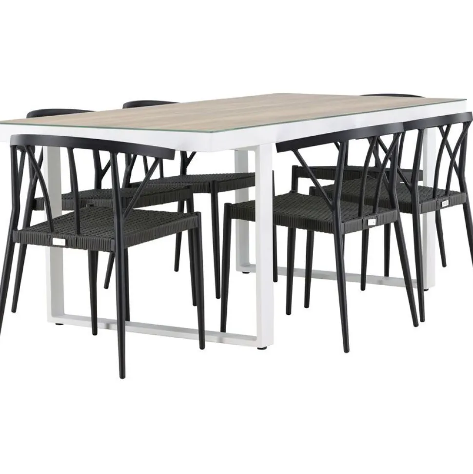 Ruokailuryhmä Venture Home, 200x90cm, beige/valkoinen Merlo-pöytä + 6 mustaa Stina-tuolia
