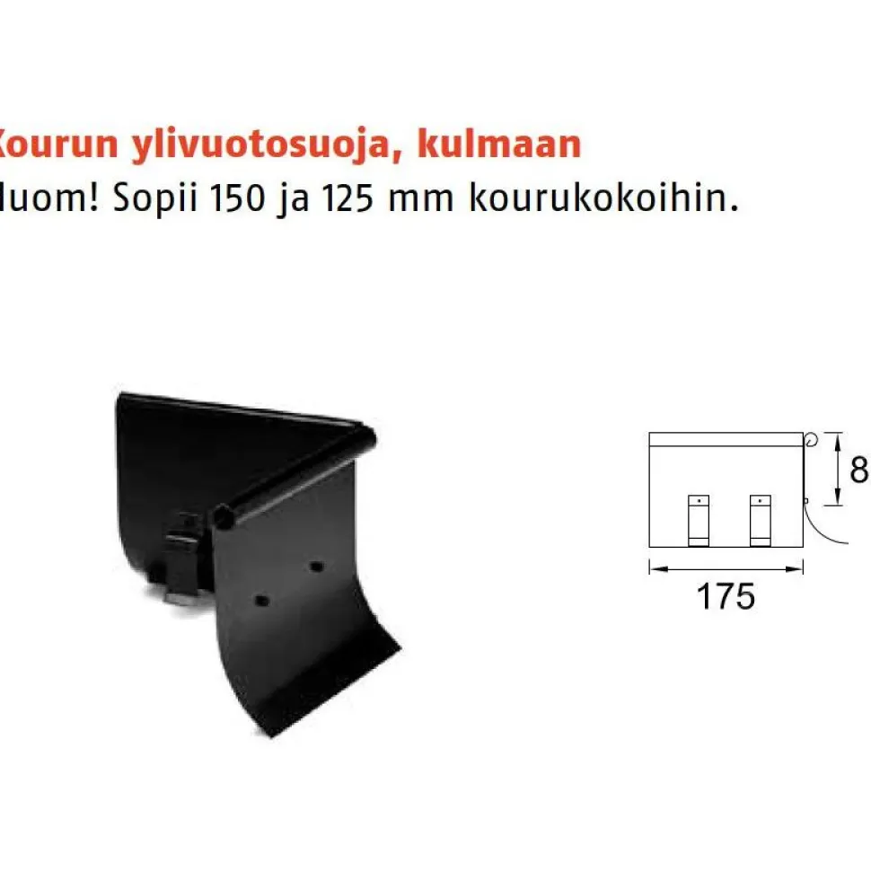 Sadevesijärjestelmä Ruukki puolipyöreä: kourun ylimenosuoja, kulma, eri värejä