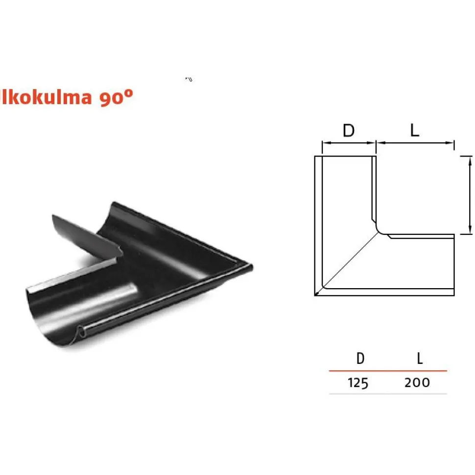 Sadevesijärjestelmä Ruukki puolipyöreä: kourun ulkokulma 90° ø125mm, eri värejä
