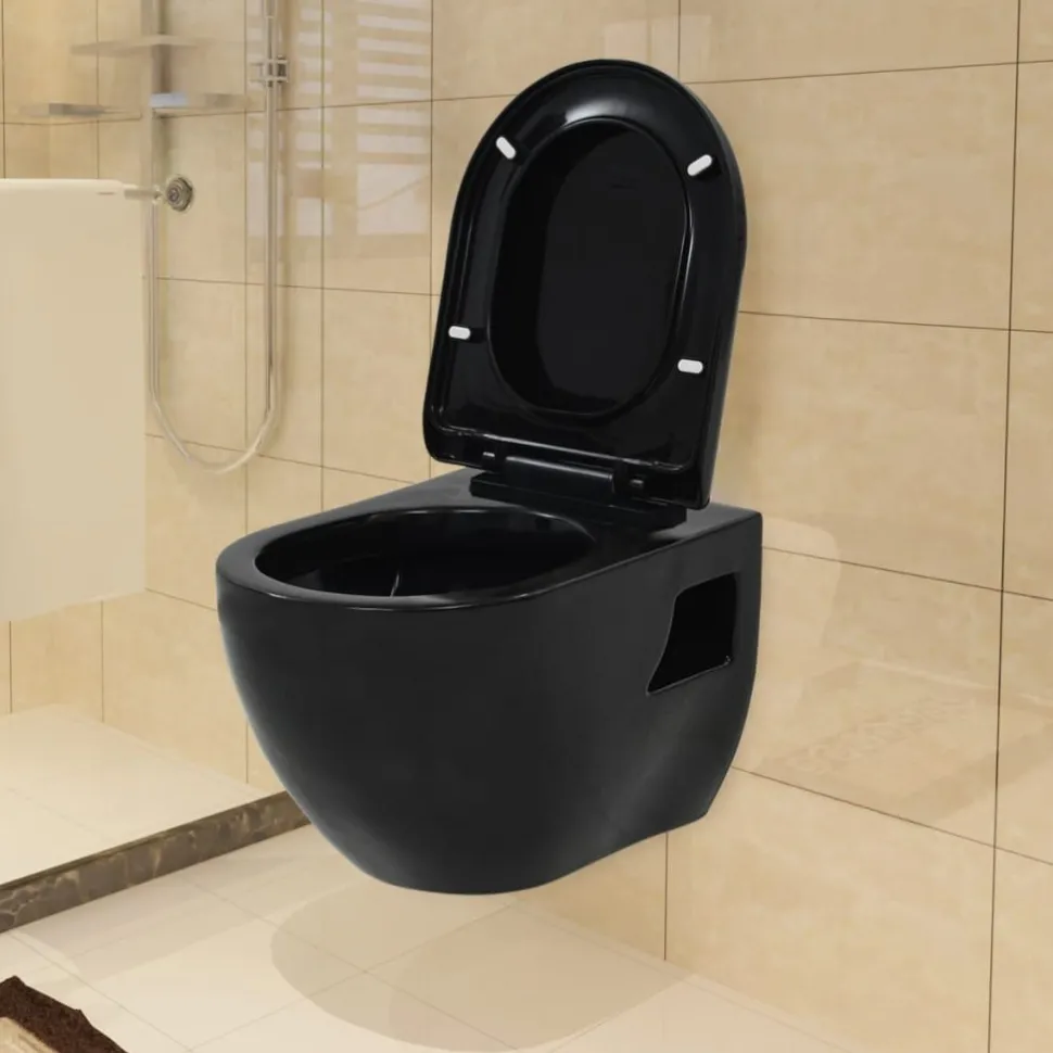 Seinään kiinnitettävä WC piilotetulla säiliöllä musta keraaminen