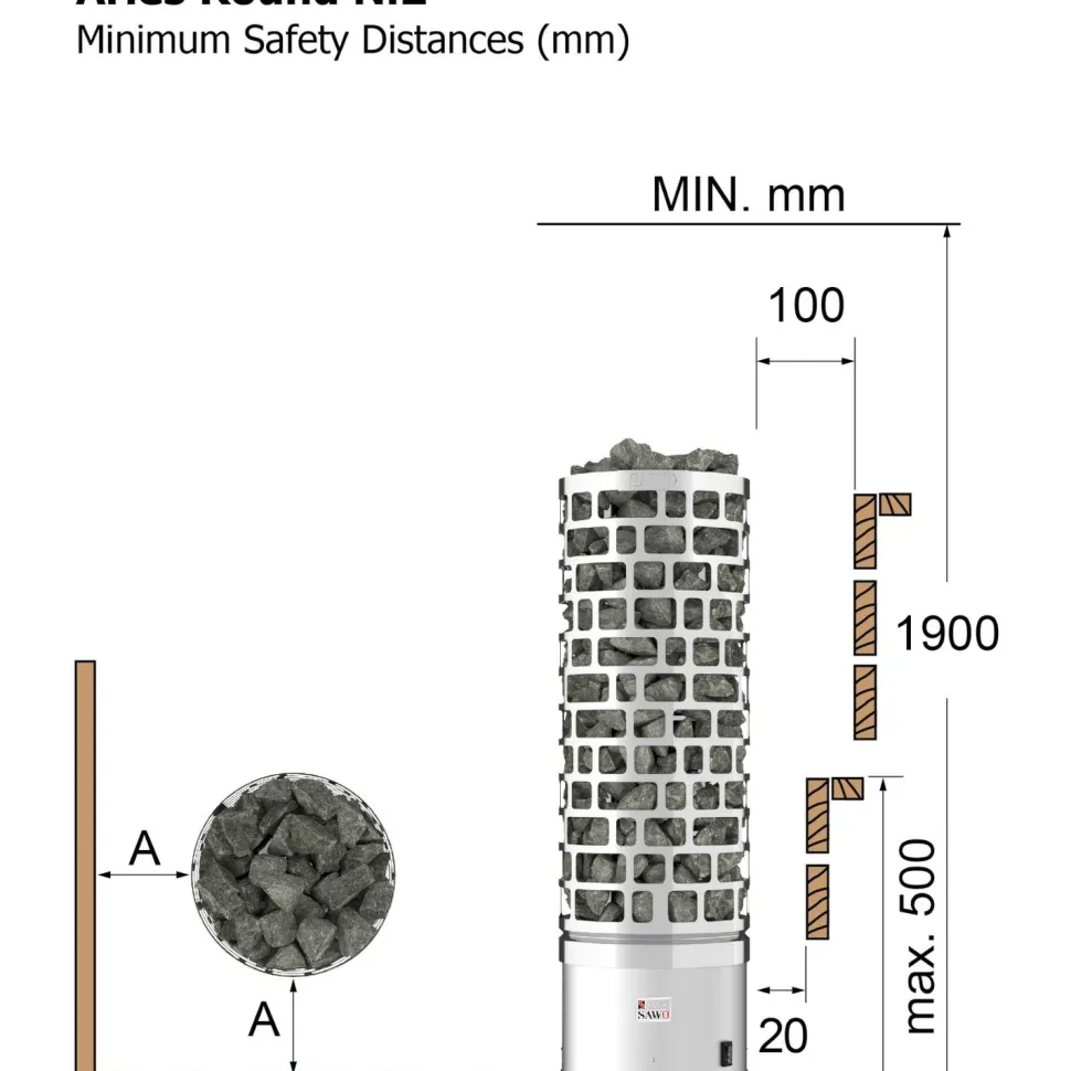 Sähkökiuas SAWO Aries Round Ni2 9 kW 8-13 m³ erillinen ohjaus