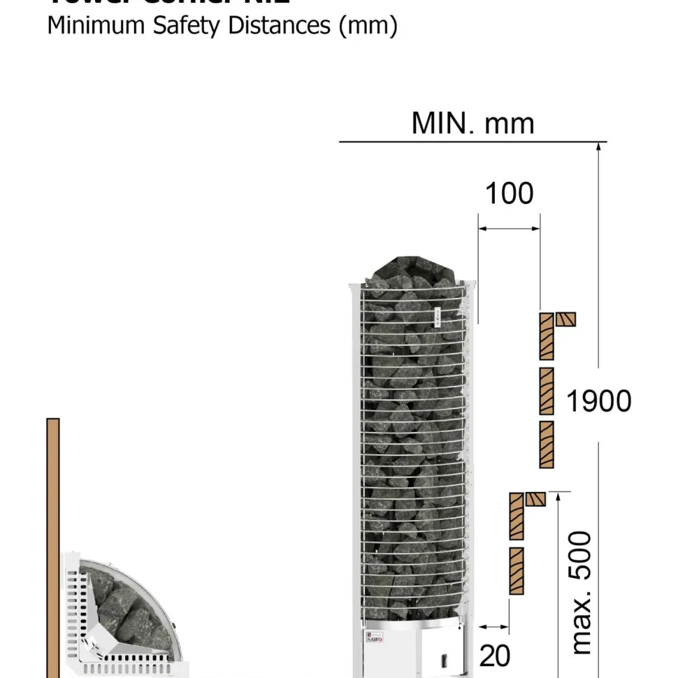 Sähkökiuas SAWO Tower Corner Ni2 6 kW 5-8 m³ erillinen ohjaus