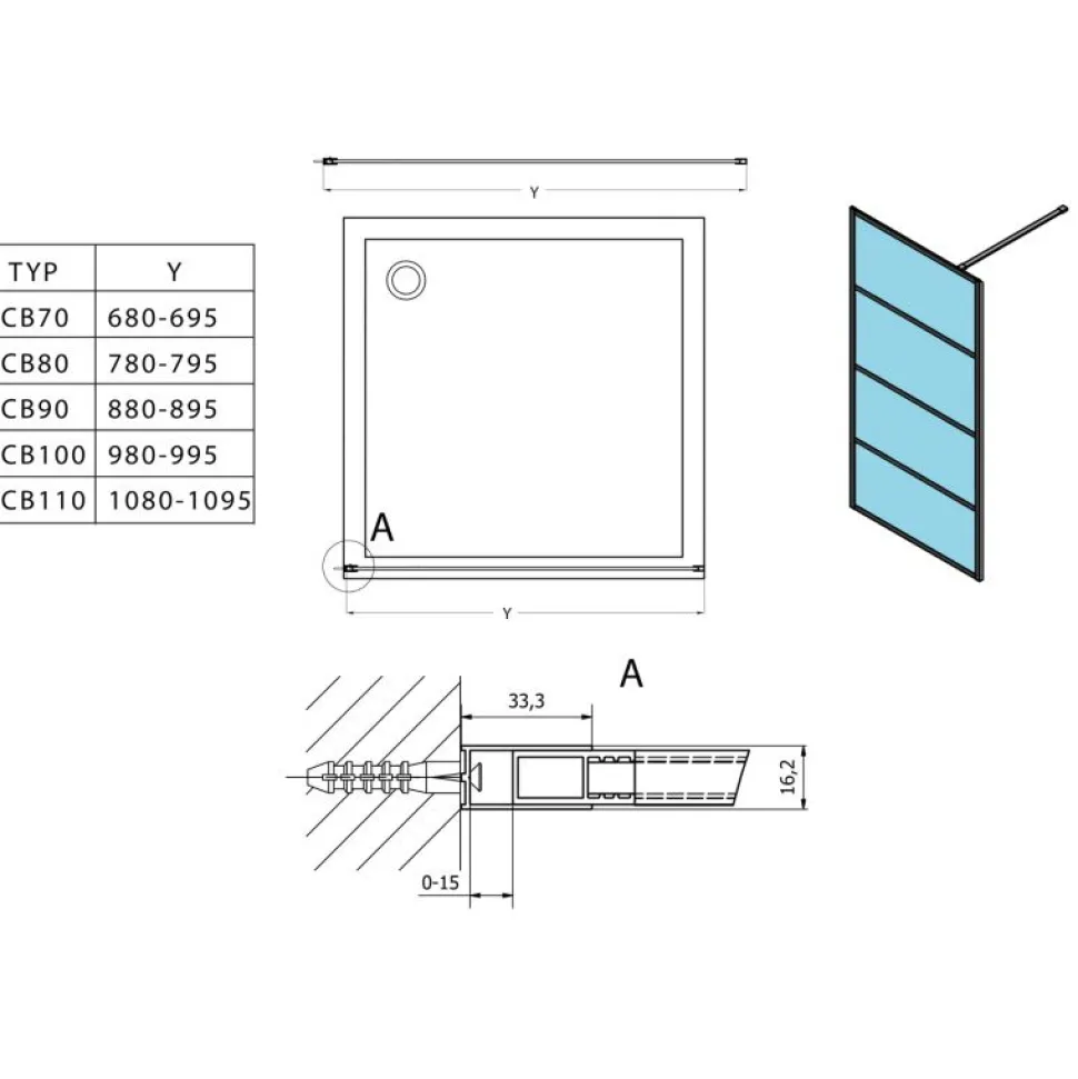 Suihkuseinä Interia Cure Black eri kokoja