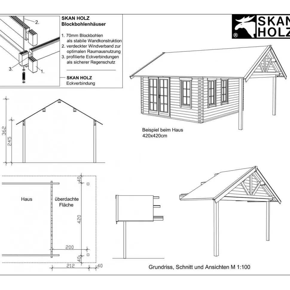 Terassin katos Skan Holz Toronto kesämökeille 12,1 m²