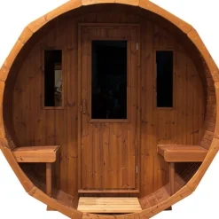 Tynnyrisauna SpaDealers vaakamalli Ø200x260cm lämpöpuu sis. puukiukaan ja savupiipun