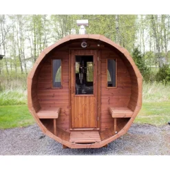 Tynnyrisauna SpaDealers vaakamalli Ø200x260cm lämpöpuu sis. puukiukaan ja savupiipun