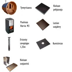 Tynnyrisauna SpaDealers vaakamalli Ø200x260cm lämpöpuu sis. puukiukaan ja savupiipun