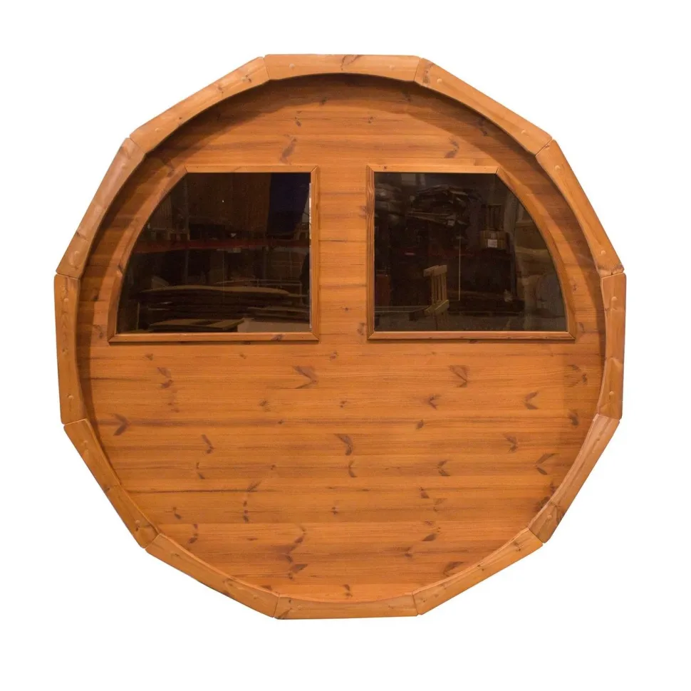 Tynnyrisauna SpaDealers vaakamalli Ø200x260cm lämpöpuu sis. puukiukaan ja savupiipun