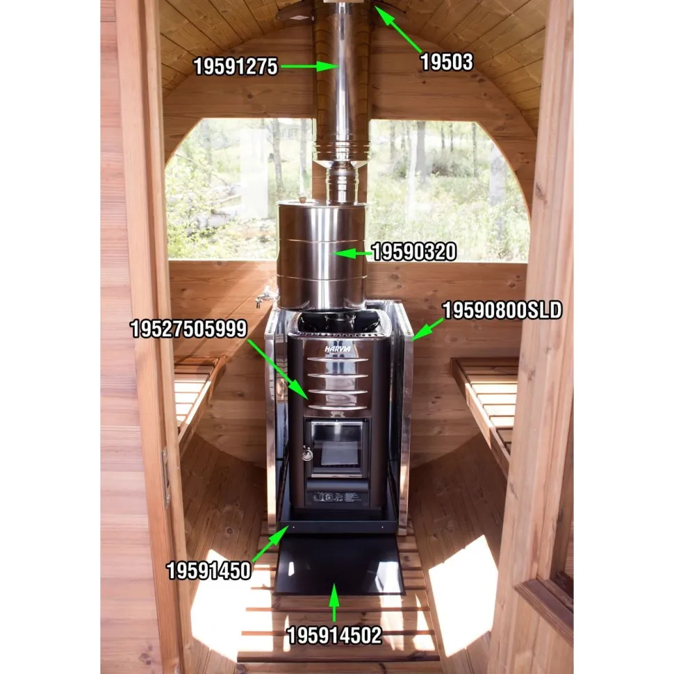 Tynnyrisauna SpaDealers vaakamalli Ø200x260cm lämpöpuu sis. puukiukaan ja savupiipun