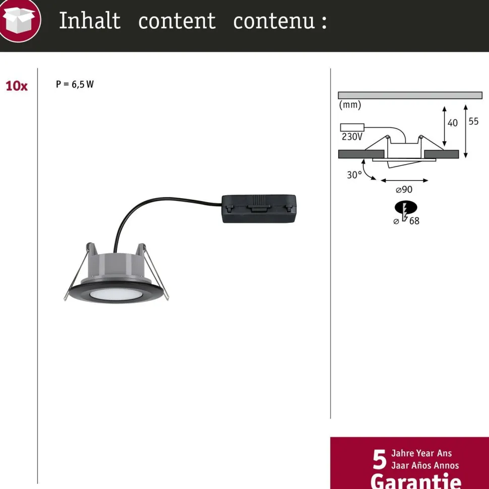 Upotettava LED-valaisin Paulmann Calla, 10kpl, IP65, Ø90mm, 6W, 500lm, 4000K, mattamusta