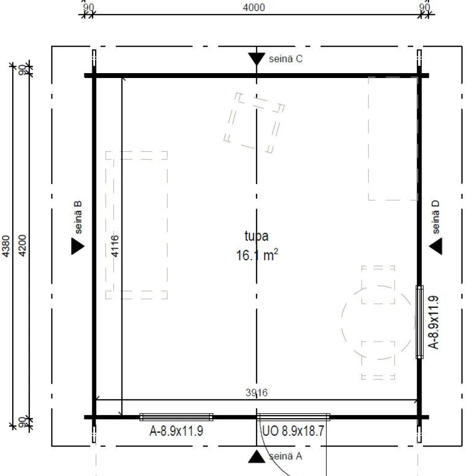 Vierasmaja LP Garden V-L, 16m², harjakatto